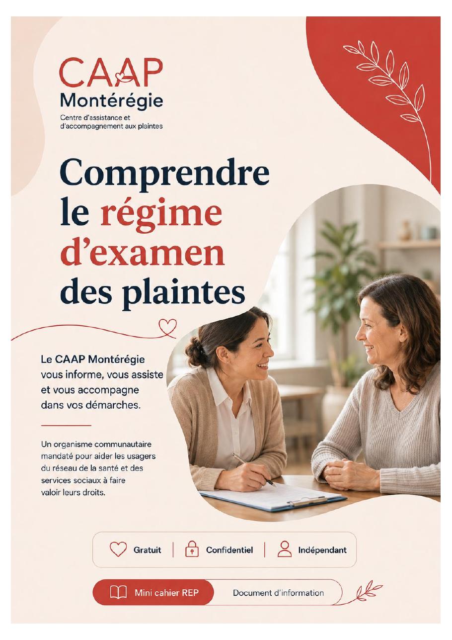 Page couverture du mini cahier sur le régime d'examen des plaintes du CAAP Montérégie