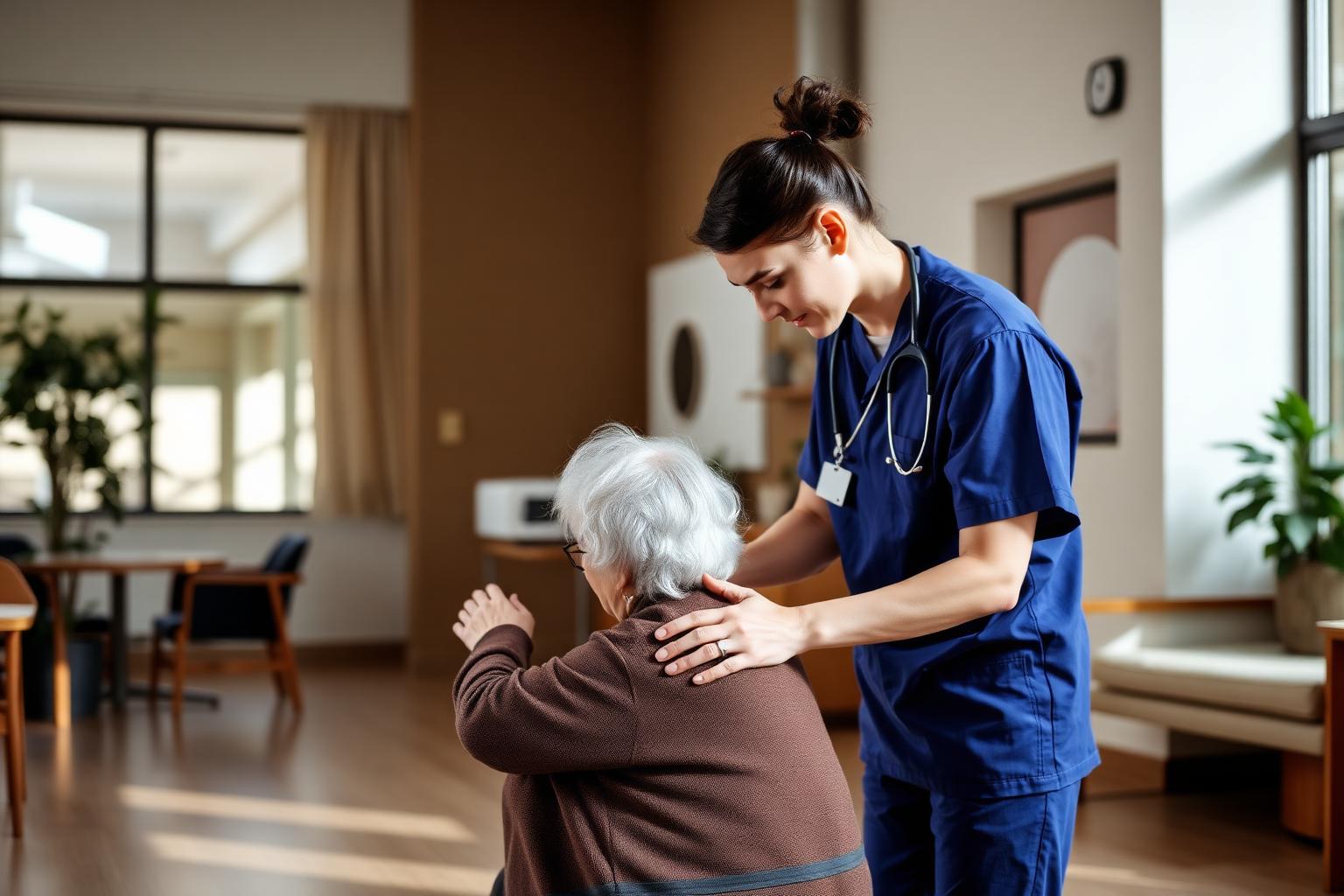 Une professionnelle de la santé accompagne une personne aînée dans le salon d'une résidence