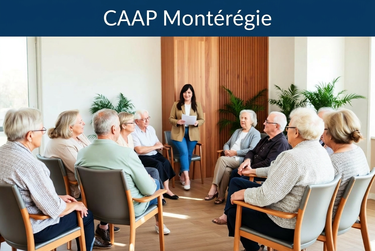 Une conseillère présente des informations à un groupe de personnes aînées attentives