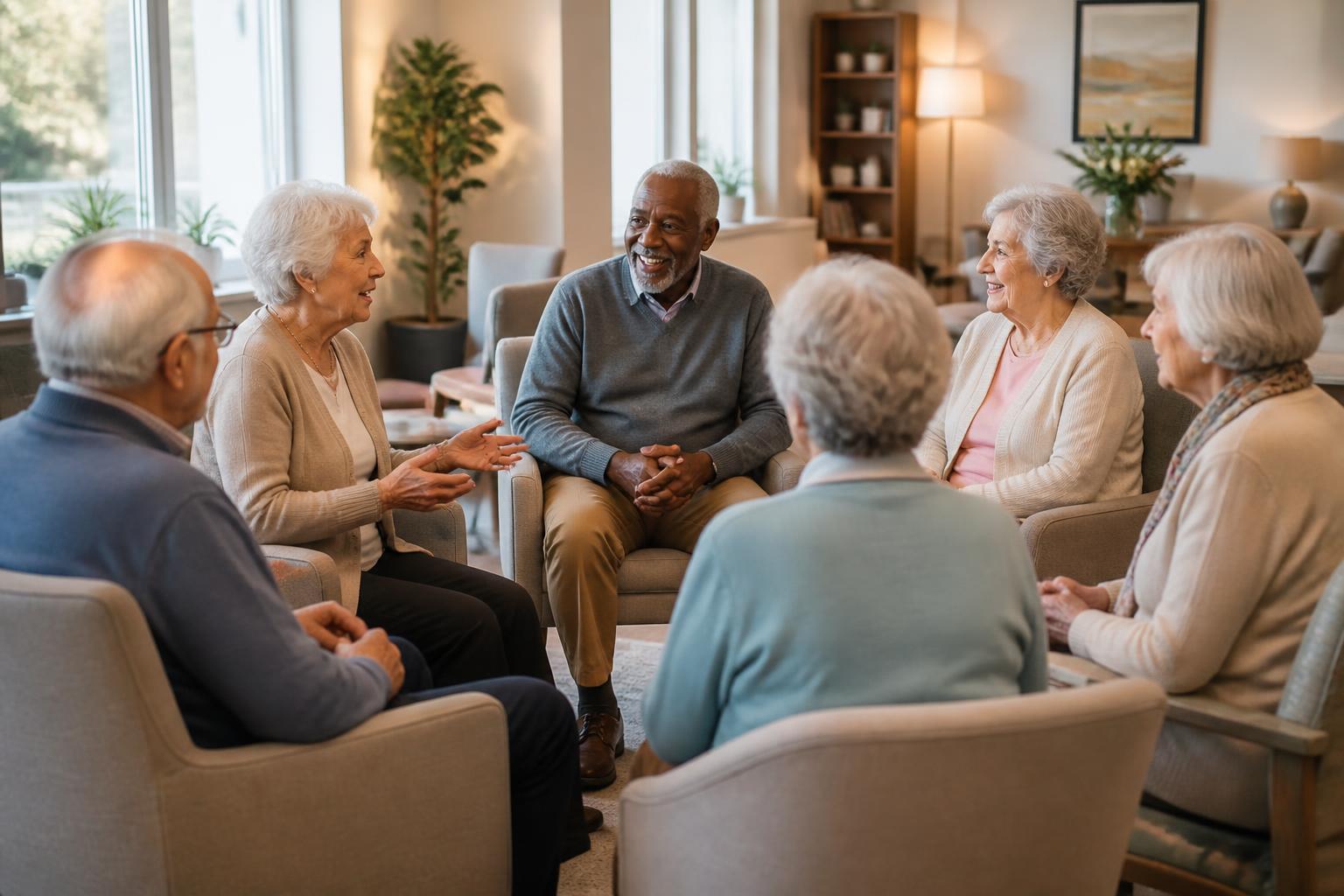 Des résidents aînés discutant ensemble dans un salon commun chaleureux