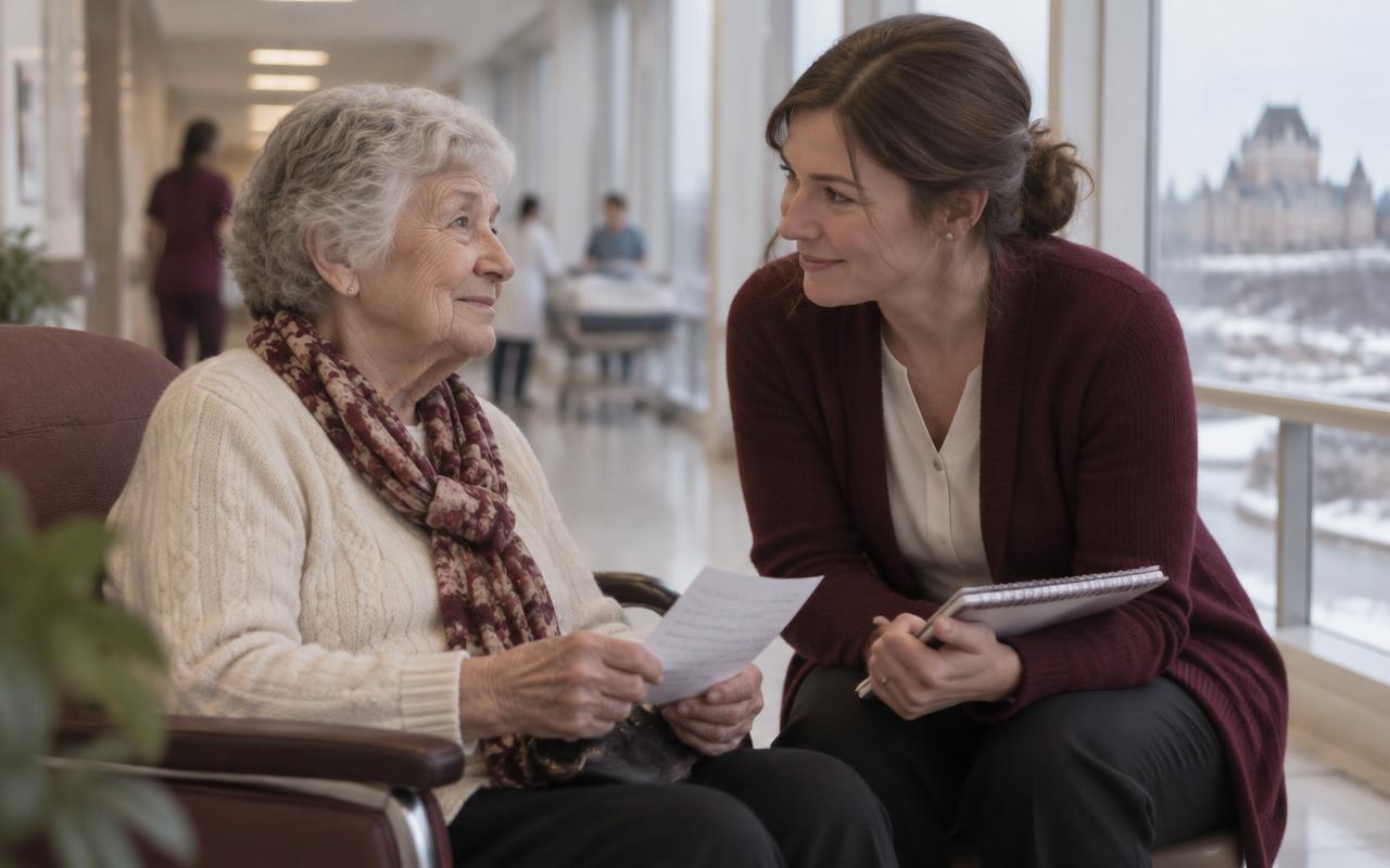 Une conseillère du CAAP Montérégie écoute une personne âgée qui tient un document, dans un corridor d'hôpital
